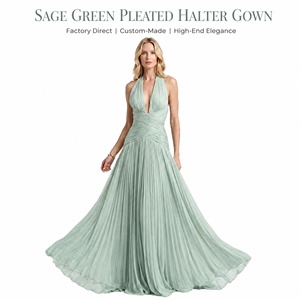 <span class=keywords><strong>Robe</strong></span> de soirée plissée vert sauge à col halter, décolleté plongeant, corsage froncé, coupe trapèze accordéon, longueur ras du sol, pour <span class=keywords><strong>Gala</strong></span>, usine OEM ODM - Product Image 1