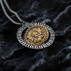 <b>Viking</b> Rune Odin Pendant Necklace Stainless Steel 360 Degree Rotating Asymmetrical Geometric Gold Tone Animal Design <b>Gift</b> - Product Image 3