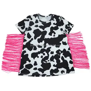 2023 Lente Zomer Kinderen Meisjes T-Shirt Jurk Koe Print Korte Mouw Kinderen Baby Roze Kwast Jurk