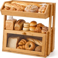 Boîte à pain en bambou pour comptoir de cuisine, 2 niveaux, grande capacité, panier à fruits avec fenêtre supérieure, organisateur de style ferme pour collations, légumes et aliments