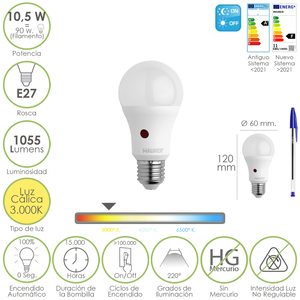 Lampadina a sfera LED con sensore crepuscolare. Portalampada E27. 10,5 Watt. Equivalente a 90 Watt. 1055 Lumen. Bianco caldo 3000K. - Product Image 1