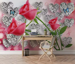 Carta da Parati 3D Romantica con Rose e Cuori <span class=keywords><strong>di</strong></span> Diamanti, Murale a Tema Amore per Decorazione d'Interni - Product Image 2