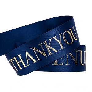 Cinta de Grosgrain de Poliéster/Algodón Azul Claro de 1-1/2 Pulgadas con Texto Feliz Impreso en Lámina Dorada, de una Sola Cara, Certificada OEKO-TEX - Product Image 4