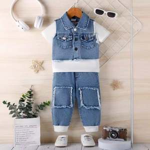 Fabricante de ropa Ropa para recién nacidos Verano Niños Camiseta blanca Chaqueta de mezclilla Pantalones Conjuntos de ropa de 3 piezas - Product Image 2