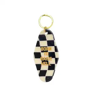 Cá Nhân Hoá Vàng Key Ring Checker Motel Keytag Chữ Lồng Acrylic Khách Sạn Keychain