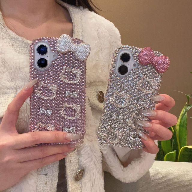 3D Bow KT cat for Apple 15 14 13 Pro Max Shell Crystal Cell Phone case Wholesale IPhones 16 Plus Telephone Full Diamond Cover