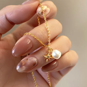 Hypoallergenic Women's 18K Gold Plated Trendy Star Pendant <b>Pearl</b> <b>Earrings</b> <b>Necklace</b> Jewelry Set - Product Image 2