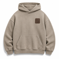 Sweat à capuche pour homme avec logo personnalisé ODM, couleur sable désertique délavé, épaules tombantes et patch en cuir de selle gaufré