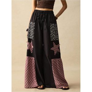 Pantalones Palazzo de Pierna Ancha para Mujer, Estilo Vintage, con Parches a Cuadros y Estrellas, Cintura Elástica, Corte Holgado, Transpirables - Product Image 3