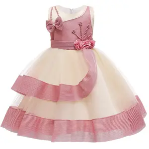 圆领无袖最佳设计最新儿童礼服花装饰女孩派对公主晚礼服
