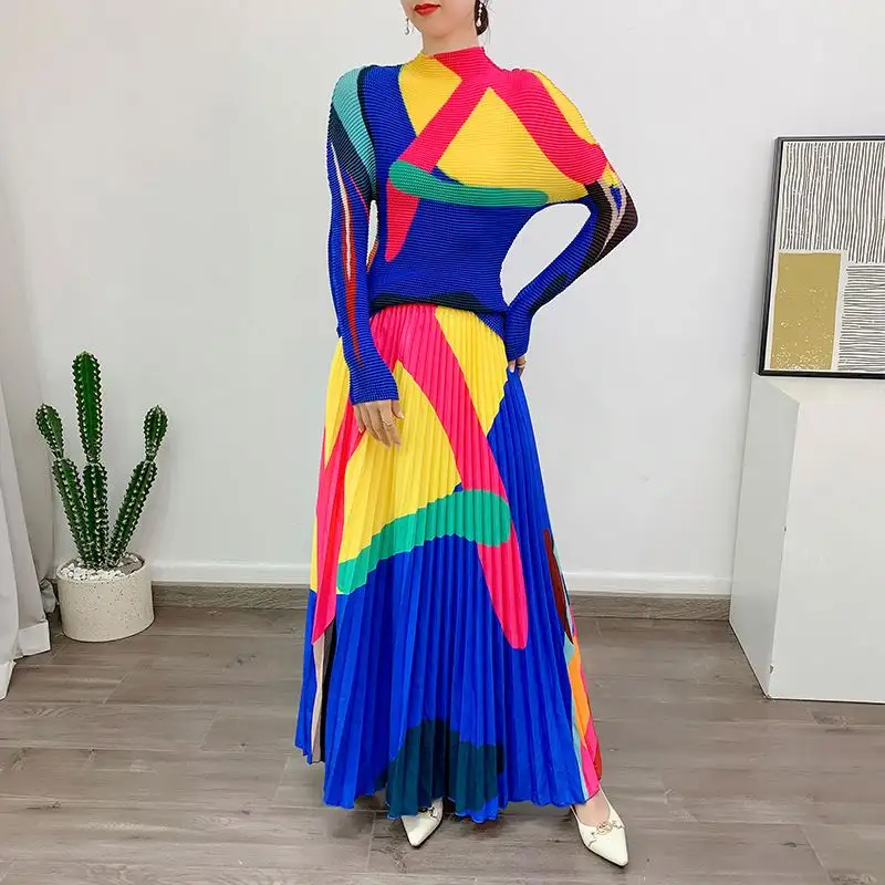 dropshipping products 2023 fashion sexy elegant Dress Folds new corn kernels long sleeve women's pleated 2 piece set women