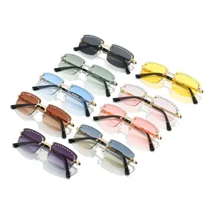 2024 thiết kế sang trọng Eyewear nhỏ không có vành Kính mát cổ điển phụ nữ Gradient Retro Shades sáng bóng Kim Cương đầy màu sắc Kính mắt nam