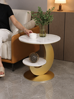 Mesa Auxiliar Redonda de Dos Niveles con Superficie de Piedra y Marco de Hierro en Forma de C Dorado para Sala de Estar u Hotel, Directo de Fábrica, OEM/ODM