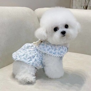 <strong>Cooling</strong> Vintage Blue Yellow Leaf Print Pet Dress With Lace <strong>Collar</strong> Bow Decor Summer <strong>Dog</strong> Clothes for Small <strong>Dogs</strong> Cats - Product Image 4