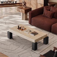 WISEMAX FURNITURE Table basse rectangulaire en pierre de travertin naturelle durable de style Wabi-Sabi avec pieds en bois Table en marbre pour salon