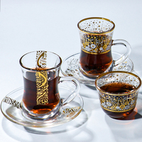 Ensemble de 3 tasses à thé en verre avec soucoupes, verrerie de luxe en gros, tasses à eau, ensemble de tasses à café en verre avec décalcomanie dorée et inscriptions musulmanes turques