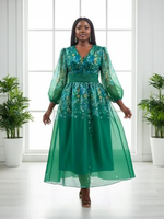 Robe longue en mousseline de soie à fleurs, coupe trapèze, 100% polyester, col en V, manches lanternes, élégante pour les soirées et occasions spéciales, 135 cm