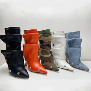 Metal Rivets Loose Pleated Upper Shoes Thin High Heels Pointed Toe Denim Ankle Boots Women's Wide Fit Short <b>Booties</b> - Product Image 6