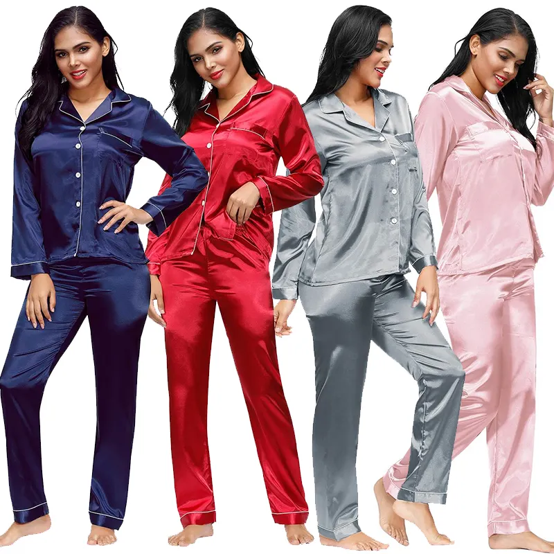 Em Estoque de Alta Qualidade Meninas Casal Plus Size Desgaste Do Sono Das Mulheres Por Atacado Pijama conjuntos de Pijama de Seda Pijamas Sensuais das Mulheres sleepwear