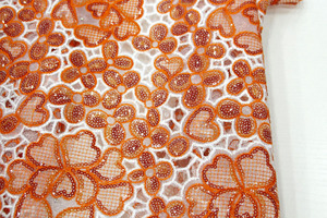 Tissu africain traditionnel ASO EBI pour fête de mariage, Orange chaud, Double Organza coupé à la main, paillettes, vente en gros - Product Image 3
