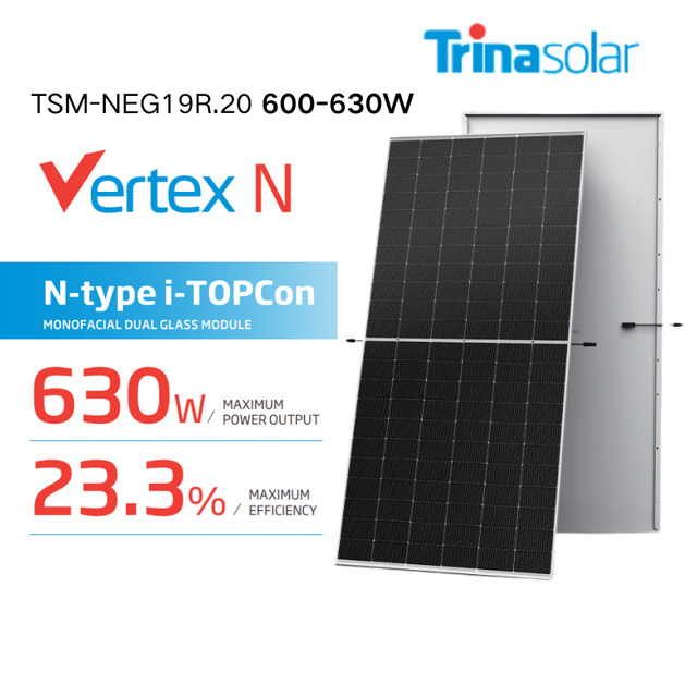 Trina Solar Panels Mono 600W-630W Vertex N PERC All Black Bifacial Half-Cell Double-Glass 22.2-23.3% Efficiency Solar Panel