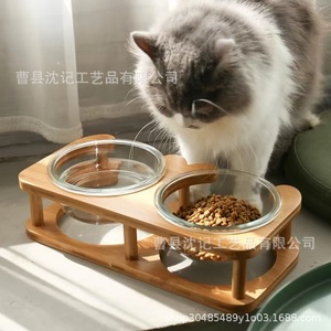 Comedero doble de madera para gatos con base antideslizante para platos de comida y agua, diseño simple. - Product Image 1