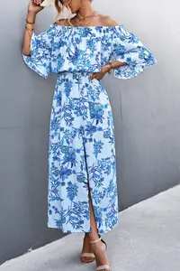 Popular Off-the-shoulder Strapless High Slit Floral Maxi Dress With Floral Prints Woven Simple Clothing Manufacturers Custom