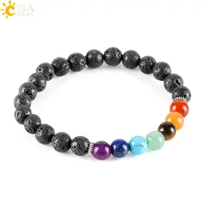 Csja Groothandel 8 Mm Echt Natual Stone Stretch Armbanden Healing 7 Chakra Lava Kralen Yoga Armband Voor Geschenken E278