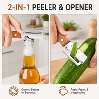 Kookset met 2 stuks roestvrijstalen schilmesjes met houten handvat, inclusief flesopener en uienknipper, met aangepaste logo.