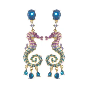 2022 new style Fashion Vintage Jewelry Baroque Colorful Seahorse Earrings Green Water Drop Crystal Dangle Earrings for women