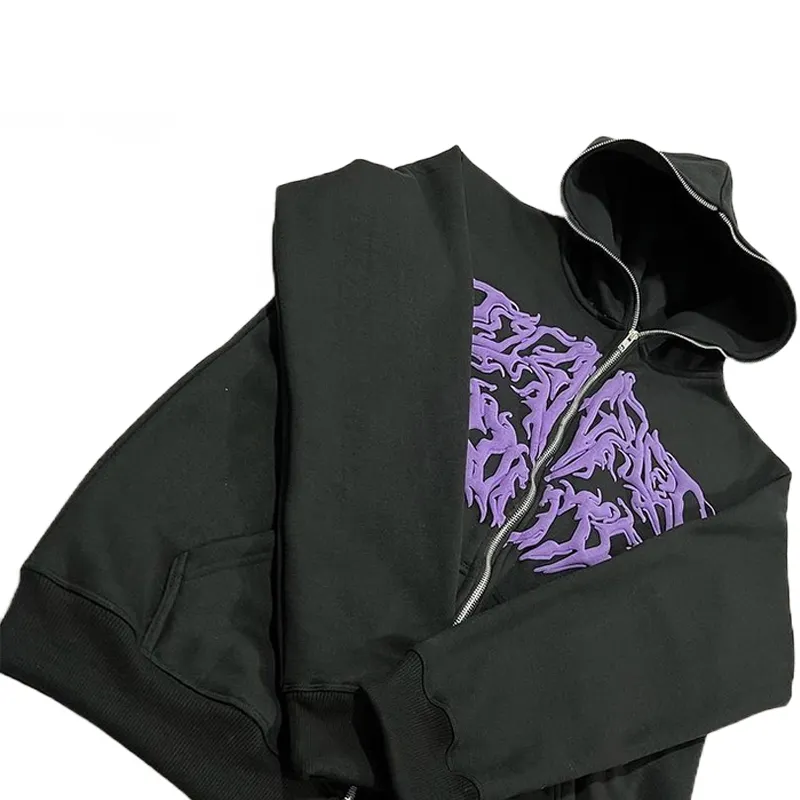 Custom 100% Cotton Oversized Fashion High Quality Full Face Zip Up Puff Print Hoodie
