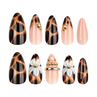 Faux ongles à presser Amande Brillants, Motif Léopard Tortue Vintage Automne, Charme 3D, Floral Blanc, Pois Dorés
