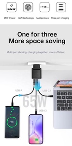 Chargeur mural USB-<span class=keywords><strong>C</strong></span> PD 65W GaN double type <span class=keywords><strong>C</strong></span> et USB-A avec prise EU premium pour MacBook Pro/Air, ordinateur portable et mobile - Product Image 3