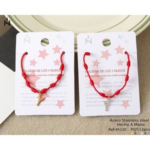 Braccialetto Nodo a Sette Stelle in Acciaio Inossidabile con Cordoncino Rosso, Gioiello Portafortuna, Accessorio di Moda - Product Image 1