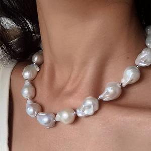 Collar de Perlas de Agua Dulce Barrocas de Plata 925 de Alta Calidad, Blanco Translúcido en Polvo con Cadena para Clavícula, Totalmente Natural e Irregular - Product Image 3