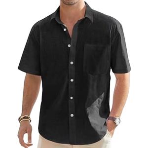 Nuova <span class=keywords><strong>Camicia</strong></span> da <span class=keywords><strong>Uomo</strong></span> in Cotone e <span class=keywords><strong>Lino</strong></span> a Maniche Corte, Tinta Unita, Casual con Bottoni, Stile da <span class=keywords><strong>Spiaggia</strong></span>, Personalizzabile - Product Image 2