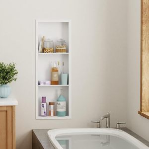 Étagère de salle de bain encastrée à 3 niveaux, support de rangement mural pour baignoire, organisateur avec dimensions personnalisées et design durable - Product Image 1