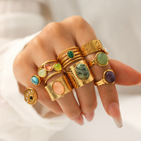 Bague vintage française en pierre naturelle, bague ouverte en acier inoxydable plaqué or, bijoux polyvalents pour femmes