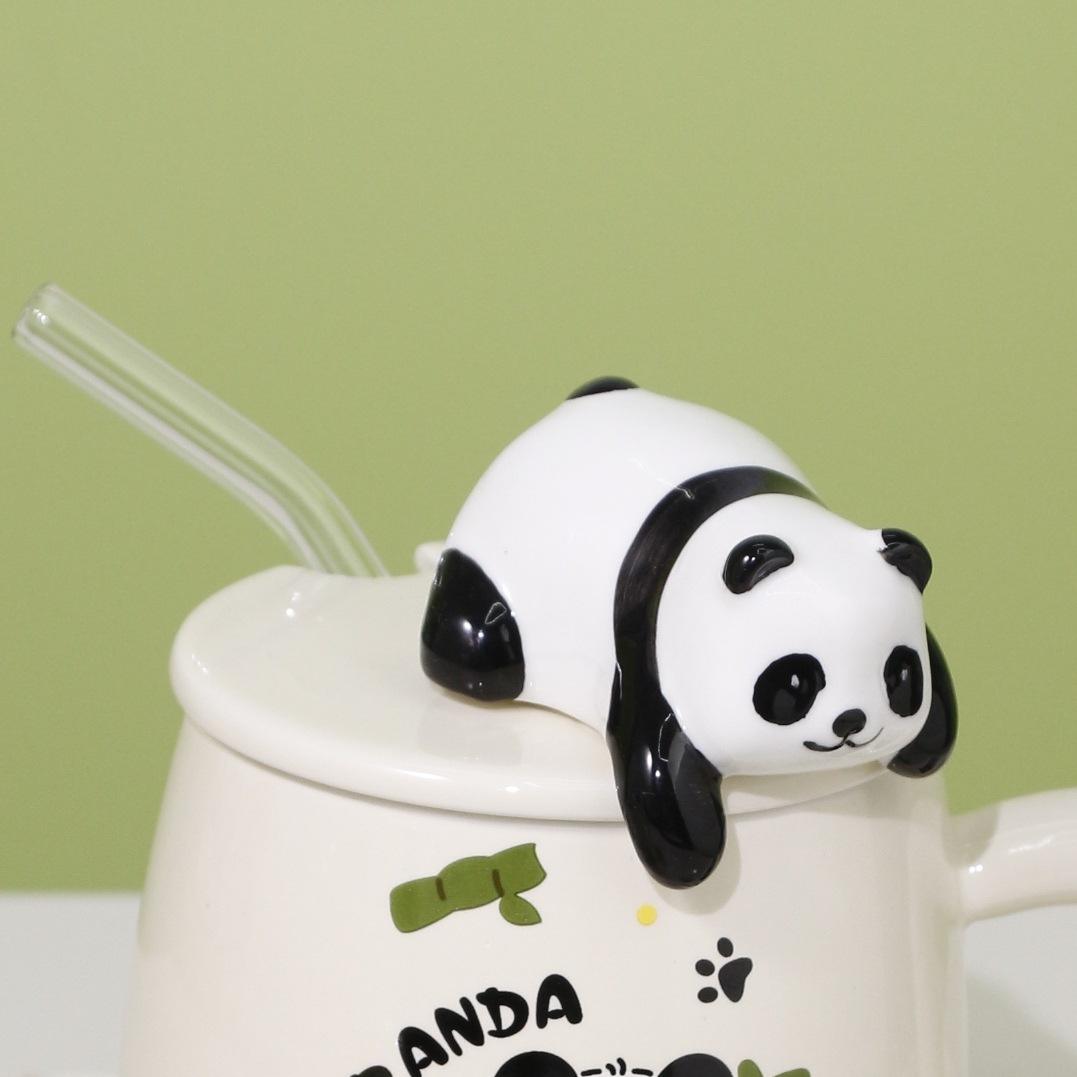 400ml Creative Cute Ceramic Panda Coffee Cup with Lid and Glass Straw Embossed Cartoon Design for Household or Office Use