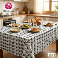 Nappe ronde en polyester et lin imprimé damassé noir et blanc HuaLai pour la décoration de la maison, des banquets et des fêtes, résistante aux plis, vente en gros