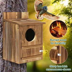 Nichoir pour hibou chauve-souris, nichoir pour oiseaux, nichoir en bois à ouverture circulaire pour l'extérieur avec vis de fixation, copeaux de bois, maison pour animaux de compagnie - Product Image 4