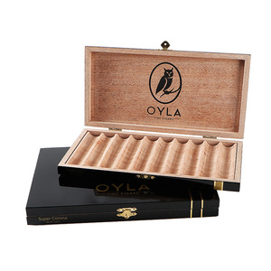Custom Natural Cedar wood luxury owl cigar box wooden humidor black piano paint light storage hinge box