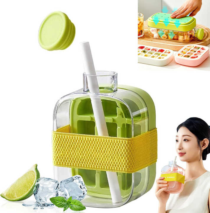 2 In 1 Touch-Free Ice Cube Tray Water Bottle With Straw