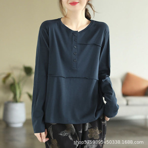 Women Long Sleeve T-<b>Shirt</b> Knitted Polyester <b>Patchwork</b> Buttons Casual Everyday Wear Spring Autumn Green Black White Gray - Product Image 2