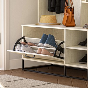 <span class=keywords><strong>Porte</strong></span>-<span class=keywords><strong>manteau</strong></span> en bois multifonctionnel Armoire à chaussures <span class=keywords><strong>avec</strong></span> banquette pratique 3 crochets 1 <span class=keywords><strong>porte</strong></span> pour le salon - Product Image 2