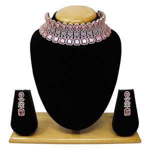 Americano diamante gargantilla Rosa chapado en oro CZ collar conjunto de joyas (AD) para mujeres niñas - Product Image 1