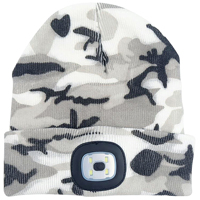 Bonnet LED camouflage blanc et gris en acrylique tricoté, casquette d'hiver à quatre lumières, trois modes de luminosité, rechargeable par USB, pour la randonnée et la course à pied