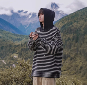 <span class=keywords><strong>Pull</strong></span> tricoté à capuche rayé style japonais patchwork en polyester pour homme et <span class=keywords><strong>femme</strong></span>, style décontracté, coupe ample, design coréen, chaud, automne-hiver - Product Image 4