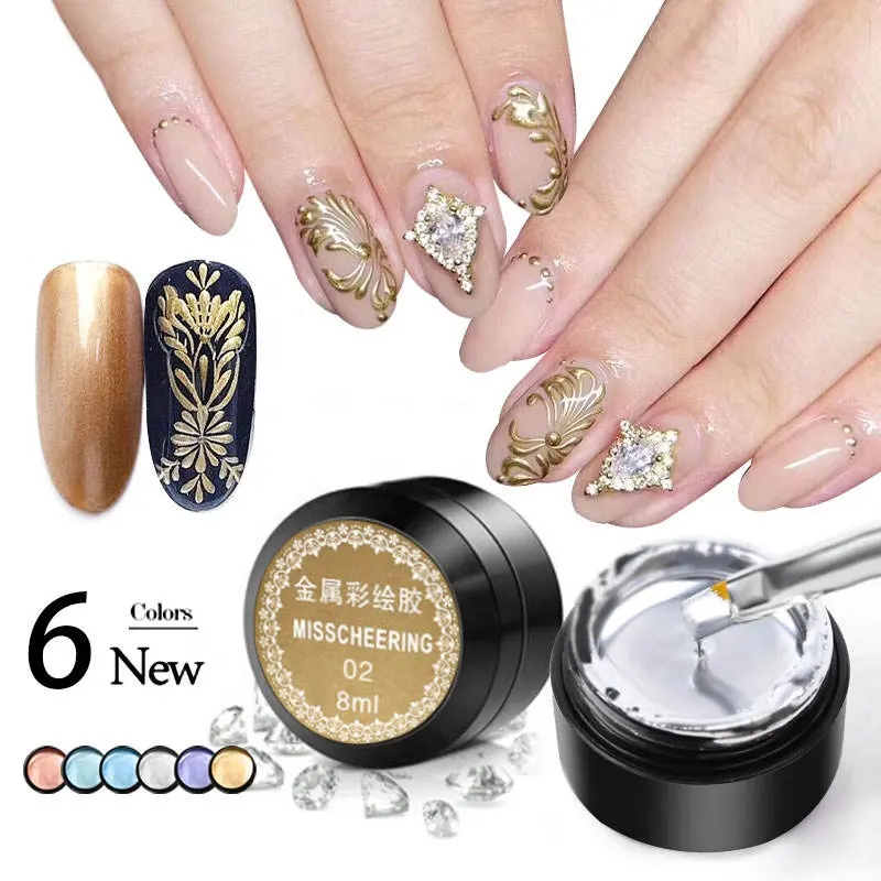 Vente chaude 8ML Métallique Tirant Fil Peinture Gel Vernis À Ongles 3D Gaufrage Point À Ligne Soie Araignée Miroir Dessin Gel Vernis