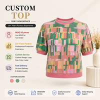 Haut en tricot respirant pour femme à col coloré imprimé géométrique, manches courtes bouffantes, poignets côtelés contrastants, tricot décontracté, logo personnalisé